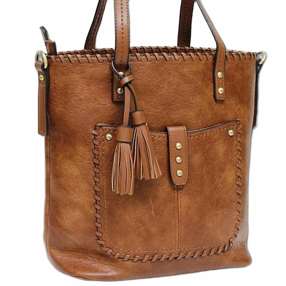 NEW MC HANDBAGS women's jessie vegan leather whipstitch bag in brown